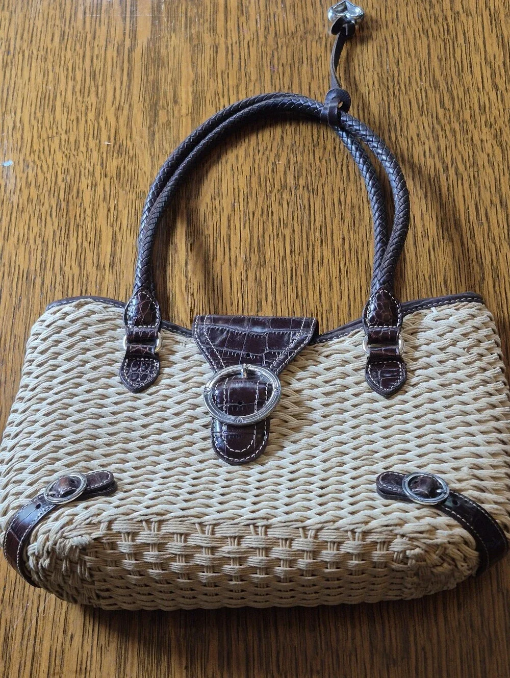 BRIGHTON woven Straw Tote Handbag with Dark Brown Croc-Trim